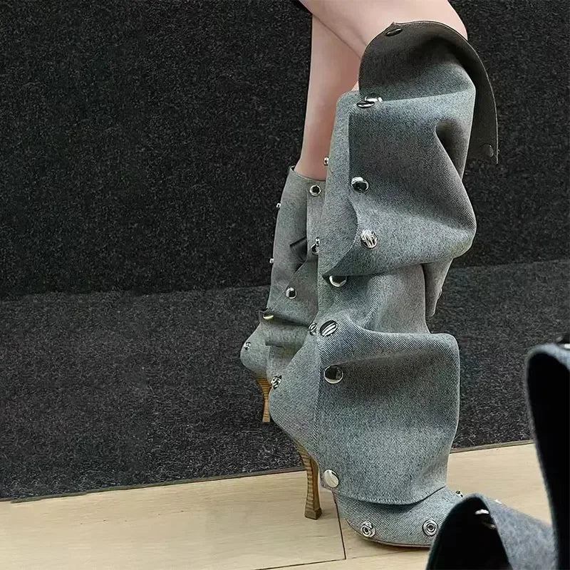 2024 Metal Buckle Detachable Denim Boots 10cm High Heel Boots 35-45 Internet Red Model Fashion Walking Red Carpet Thigh Boots