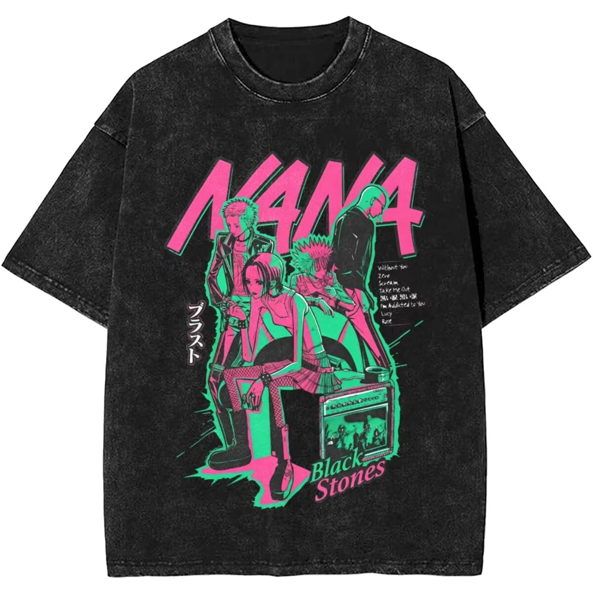Men's Women Manga Black Stones Nana Vintage Washed T Shirts Trendy Tee Couple Summer Aesthetic Casual Clothing Hip Hop Oversized