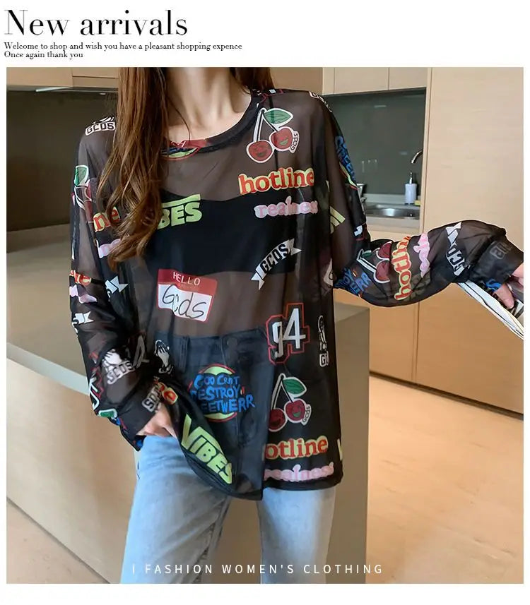Women Letter Graphic Print Sexy Sheer Mesh Harajuku Y2K T Shirt Summer Trendy Long Sleeve Thin Tees Casual Streetwear Tops Ropa