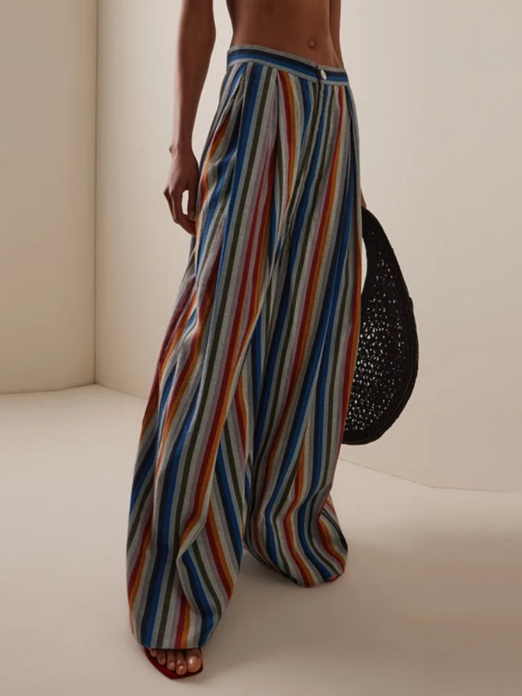 Beautyblue Elegant Striped Printed Pants for Woman New Loose Pleated Pocket Split-Joint High Waisted Fashion Streetwear Trousers