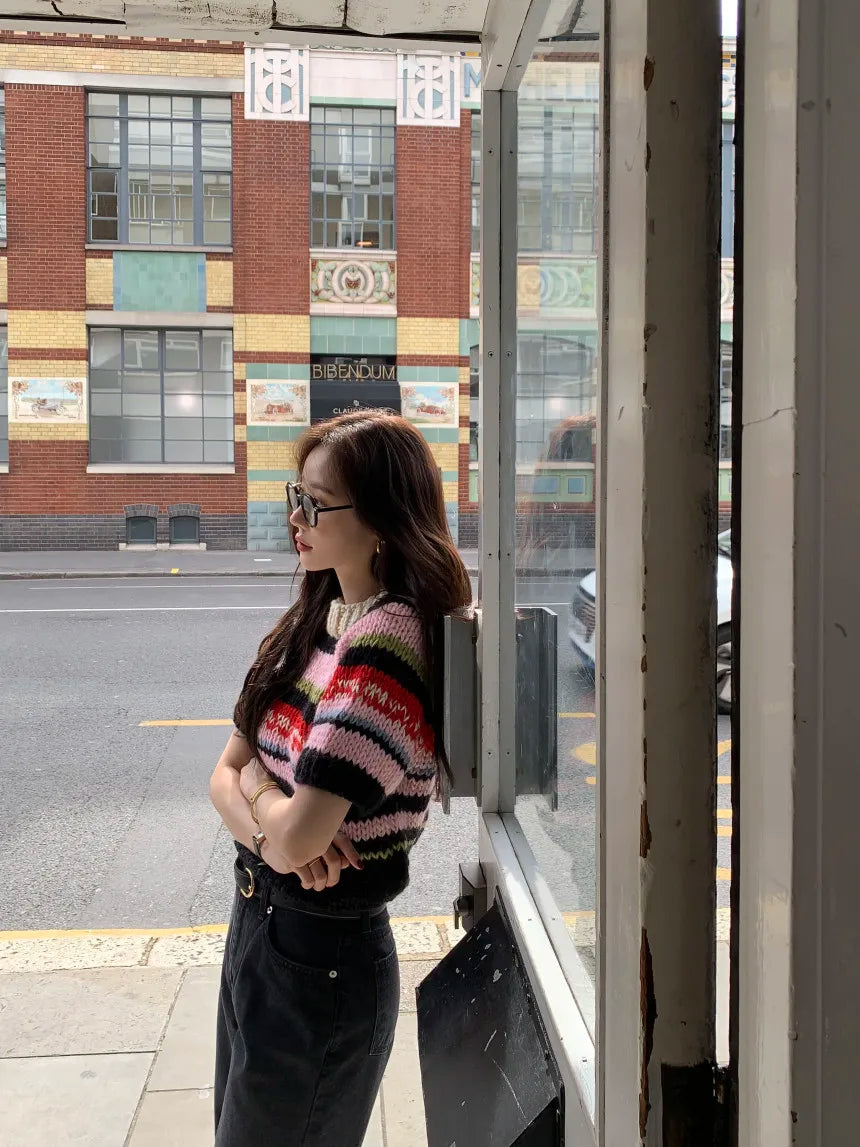 Chic Vintage Heavyweight Knitted Loose ort Sve Striped Sweater for Women Summer Collection oulder Sve