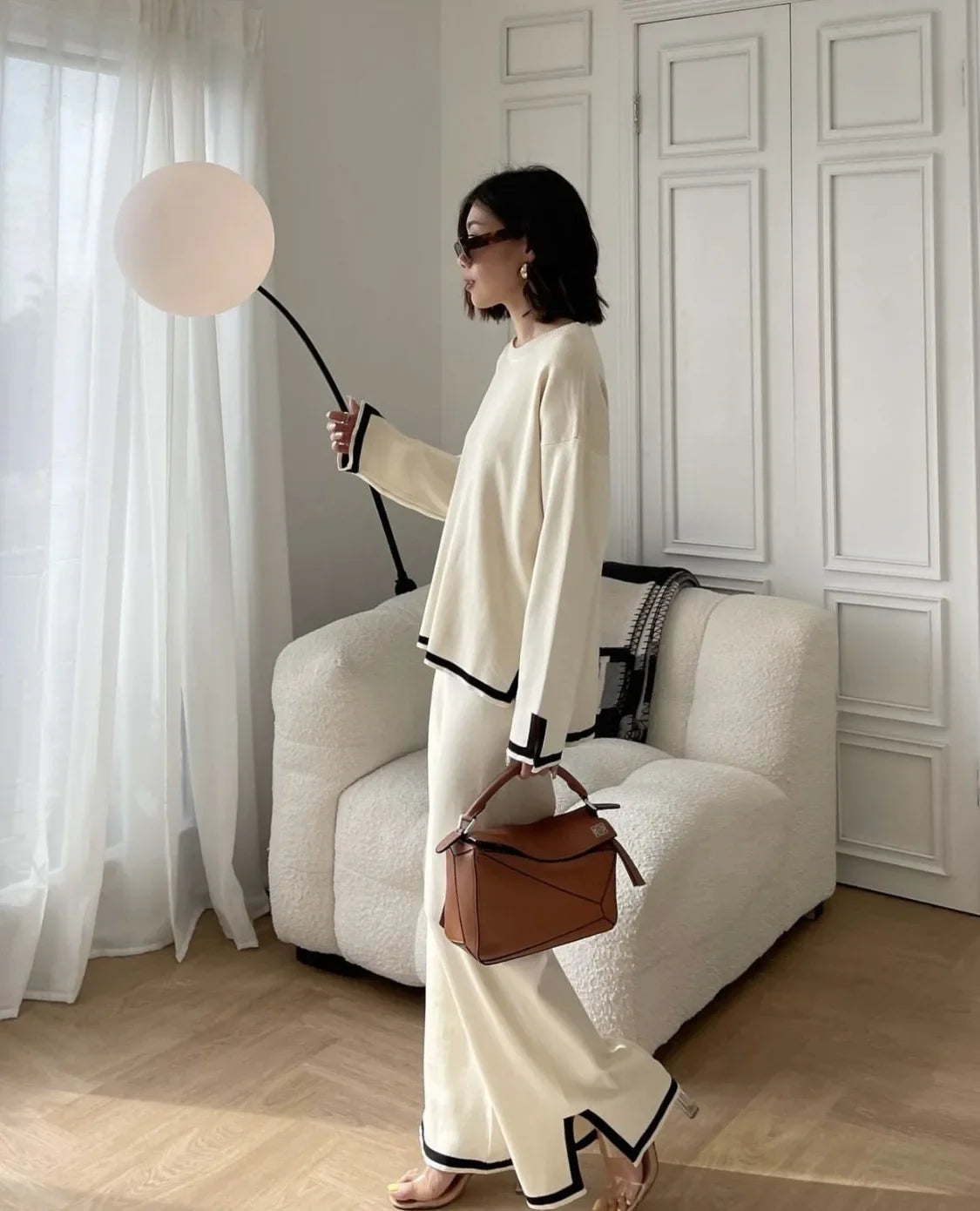 2024 Autumn Collection Elegant Color Blocking Side Slit Long Sleeve Knitted Top High-Waisted Slimming Bell Bottom Trousers Two-P