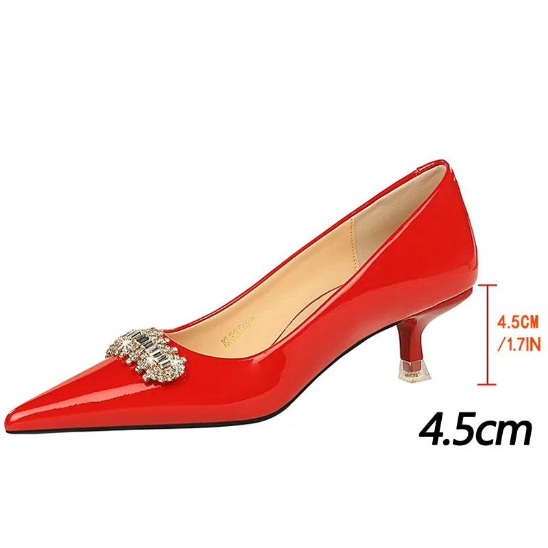 BIGTREE Shoes 4.5 cm Rhinestone metal decoration Kitten high heels patent leather Women Pumps stilettos Lady Shoes Plus Size 43