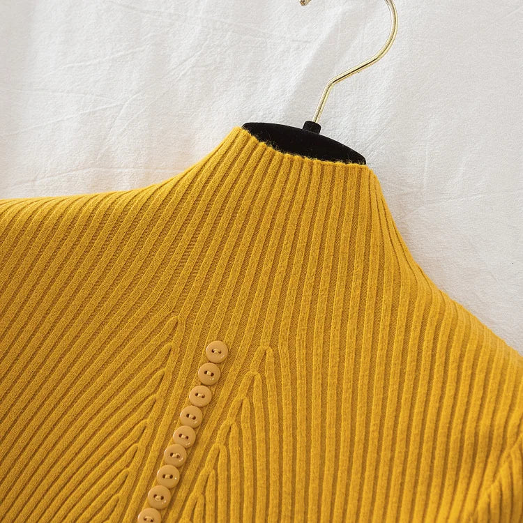 Women Turtleneck Pullovers Autumn Winter Jumper Knitted Basic Top Fashion Solid Color with Button Long Sleeve Ladies Sweater
