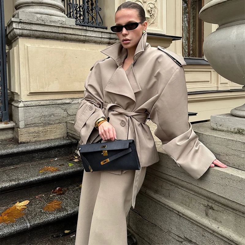 Solid Lapel Lace Up Trench Coat For Women Fashion Long Sleeves Wide Shoulder Short Loose Coat 2025 New Autumn Commute Outwear