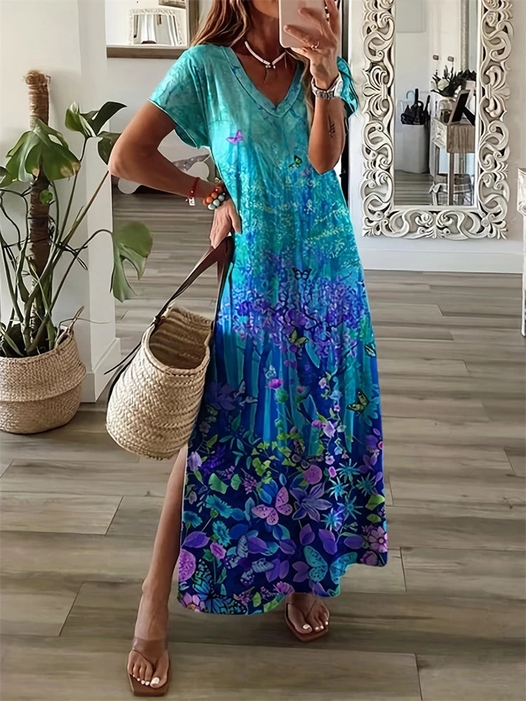 New 2025 Summer Women's Dresses Patchwork Geometric Printing Casual Temperament Dresses Fashion Beach Short Sleeve Dresses