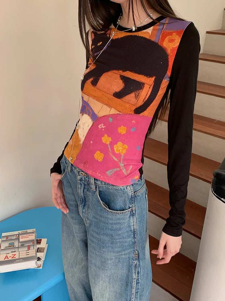 CHEERART Cat Funny Graphic T Shirts Long Sleeve Top For Woman Illustration Print Patchwork Cute Tees Designer Clothes 2025