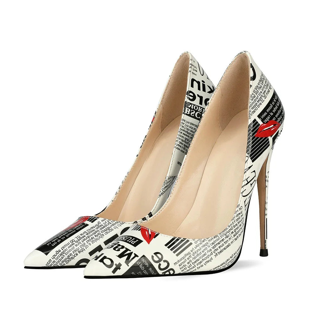 New Fashion White Artistic Graffiti Print Pointed Toe High Heel Shoes 8-12CM Women Sexy Stiletto Party Dress Shoes Plus Size 45