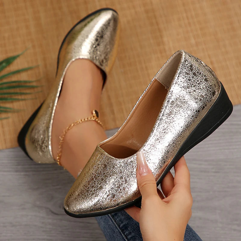 Fashion Wedges Gold Loafers Women Spring Autumn Plus Size Slip On Casual Shoes Woman Comfortable Non Slip Soft Sole Flats Ladies