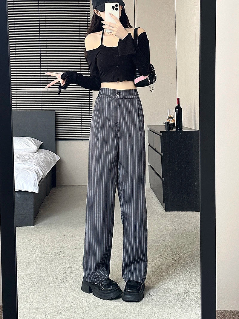 Slimming High Waist Trousers Women's Loose Striped Wide Leg Pants Korean Sle Commute Faion plus Size Long Trousers