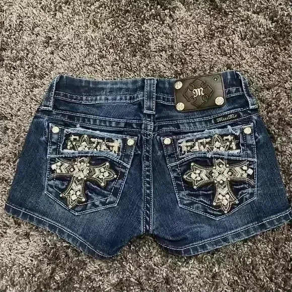 British and American Retro Jeans Washed Shorts Women's Y2K New Harajuku Flower Embroidery Gothic Sexy Spice Mini Denim Shorts