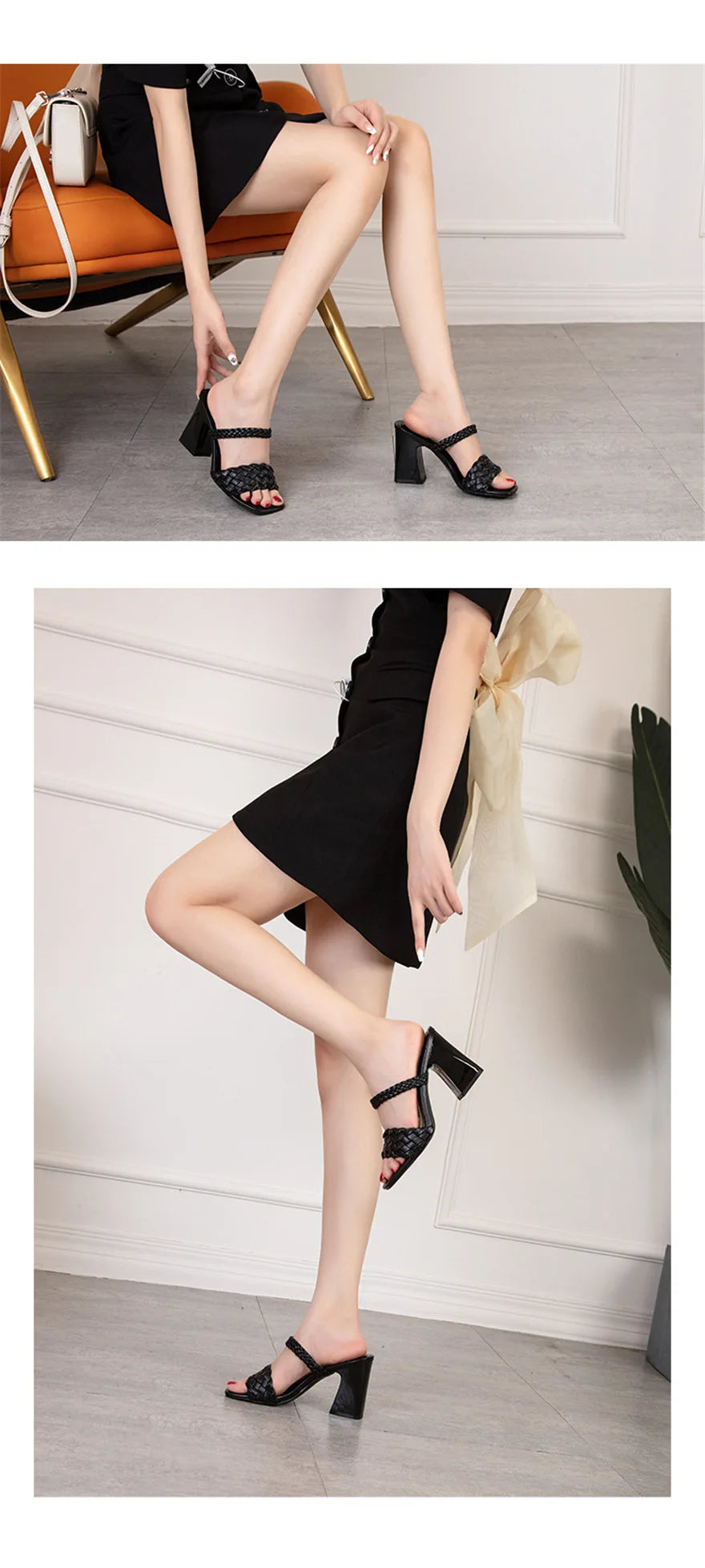 Fashion Weave Thick Heel Women's Slippers Square Toe Summer Casual Ladies Slides Red Orange Shoes Slip On Beach Sexy Pumps Woman