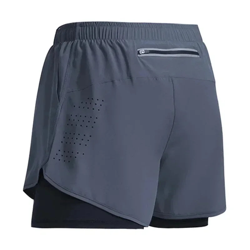 Men's Shorts 2 In 1 Fitness Training Gym Sports Short Pants Quick Dry Built-in Pocket Double-deck Beach Bottom Summer Shorts Men