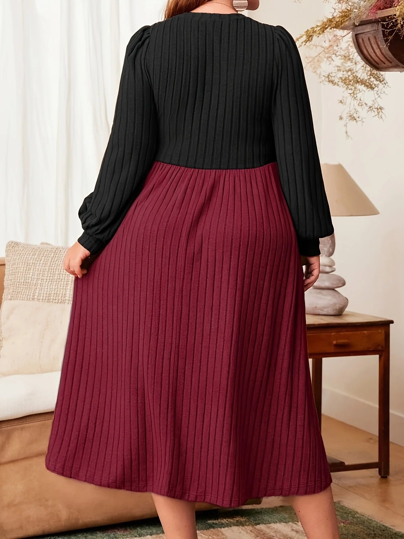 Autumn and winter style large size contrast color stitching long skirt round neck long sleeves slimming and elegant dress