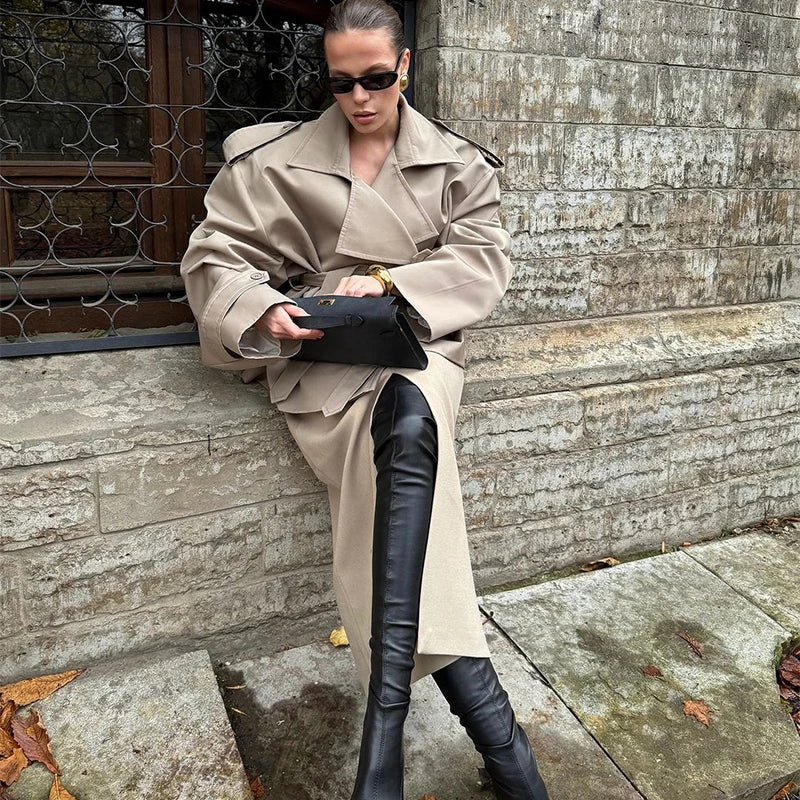 Solid Lapel Lace Up Trench Coat For Women Fashion Long Sleeves Wide Shoulder Short Loose Coat 2025 New Autumn Commute Outwear