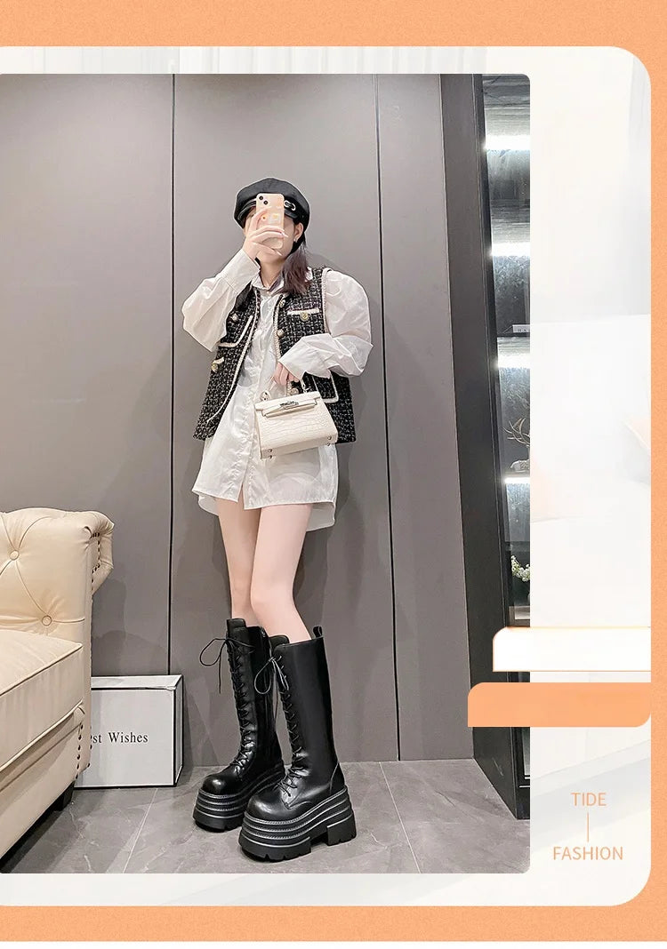 New Women's Roman Long Boots Autumn Winter Knee-high Leather Punk Shoes Chunky Platform Casual Knight Boots Botas Mujer 10CM