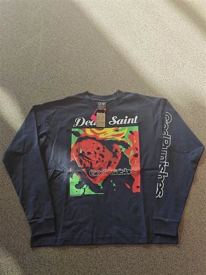 25SS Pure Cotton Saint Michael Long Sleeved T Shirts Men Women 1:1 Washed Black Manga Character Print Hoodies