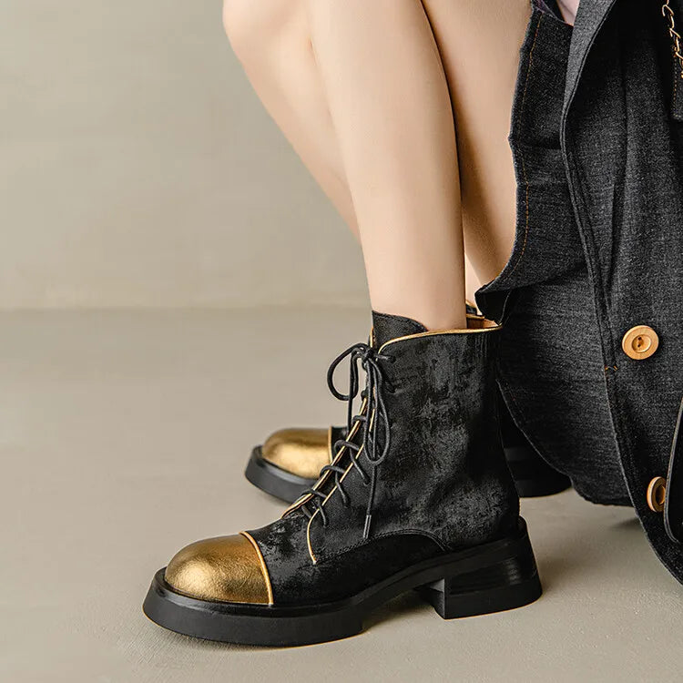 NEW Autumn Women Boots Genuine Leather Shoes for Women Round Toe Chunky Heel Shoes Lace-up Platform Boots Black Ankle Boots