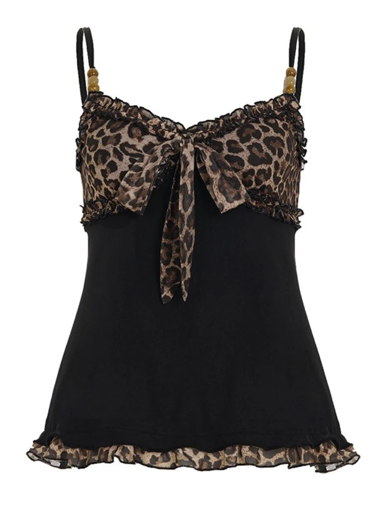 American Hotsweet Y2k Leopard Camisole Women Retro Streetwear E-girl 90s Dark Gothic Sexy Patchwork Lace-up Crop Tank Top Femme