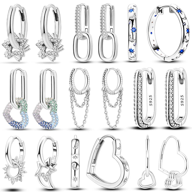 925 Silver Hoop Earrings For Woman Pendientes Zircon Heart Shape Star Eardrop Original Earring Fashion Jewelry