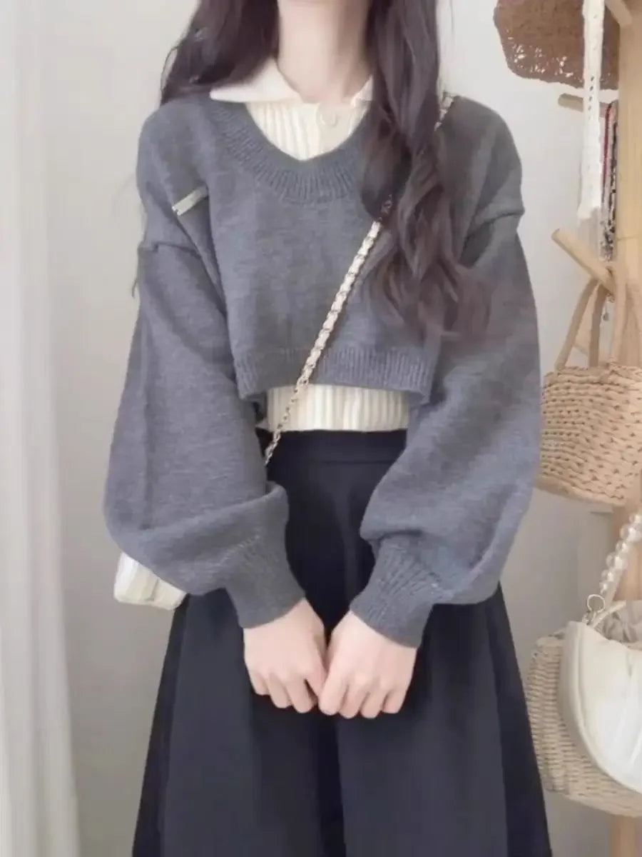 Preppy Style Women's Polo Collar Sweater 2-Piece Set Cropped Idle Style Knit Suit V-Neck Top For Spring And Autumn