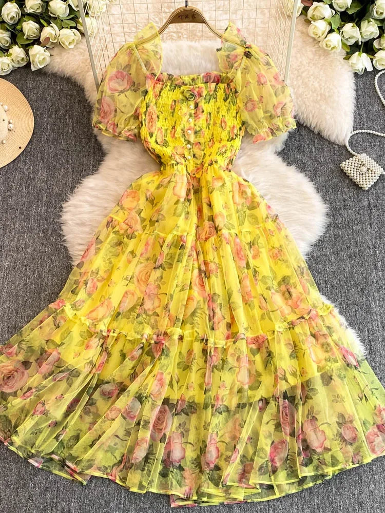 Summer Women Floral Mesh Midi Dress Sweet Square Collar Short Puff Sleeve Ruffle Vestidos Female Elegant Purple/Green/Red Robe