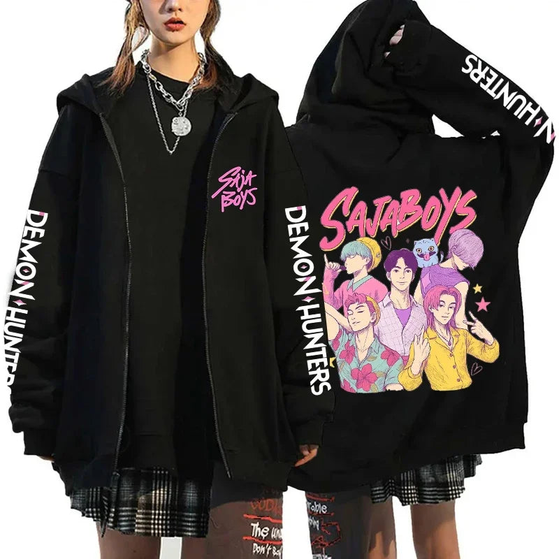 New Kpop Demon Hunters Saja Boys Zipper Hoodies Men Women Casual Personality Hooded Sweatshirt Fall/Winter Fashion Zip Hoodies