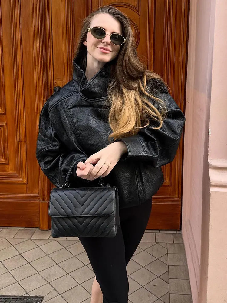 HH 2025 Autumn Women Pu Leather Jacket Vintage Solid Loose Long Sleeve Zipper Turtleneck Coat Casual Office Lady Outerwear