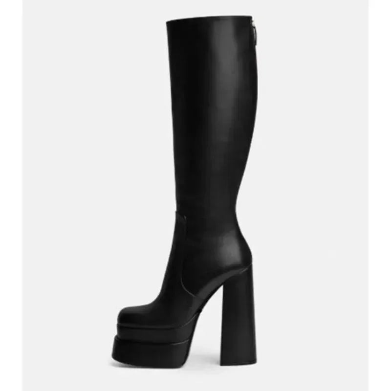 Mature Women Boots Mature Knight Boots Square Heel New Double Layered Water Platform Ultra High Heels Tall Boots Women Shoes