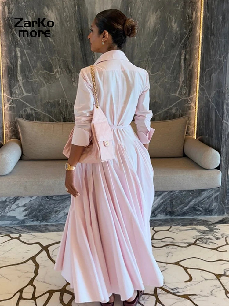 Casual Lapel Shirt Skirt Two Pieces Set Women Single Breasted Long Sleeve Top A-line Pleated Shirts 2025 Autumn Lady Solid Suit