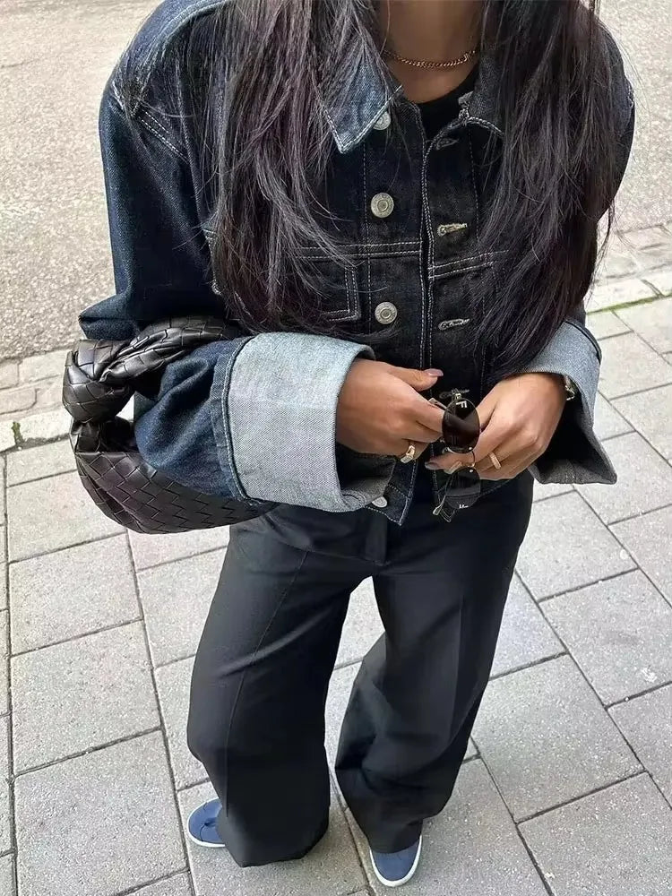 HH Women Vintage Denim Jacket Pant Sets Single Breasted Lapel Long Sleeve Coat Wide Leg Trousers Jeans High Street Outfits