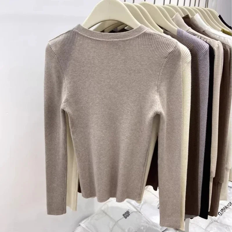 Zjaiss Solid Color O-neck Knitted Pullovers 2025 Women's Autumn Winter New Slim Fit Sweater Soft Warm Simple Base Layer Top