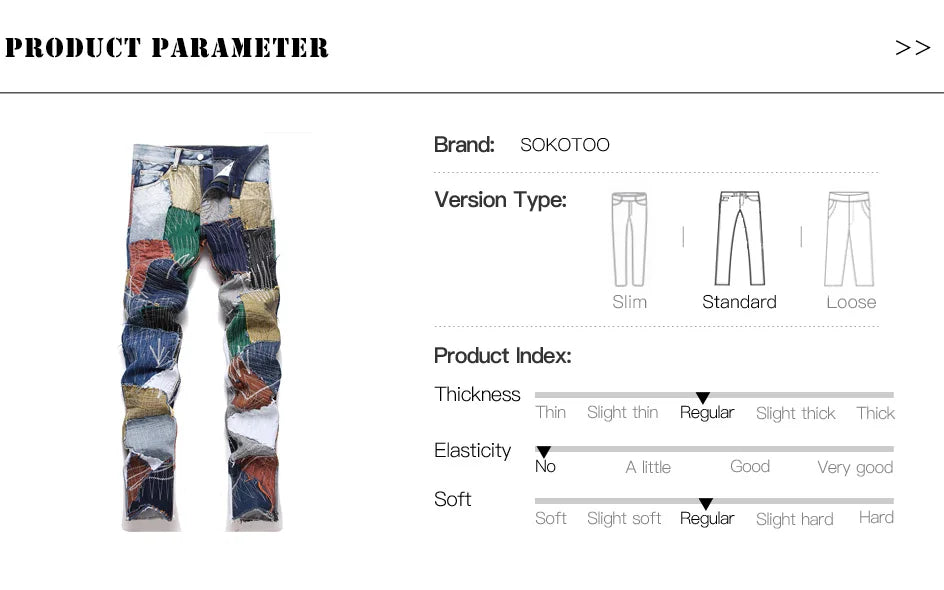 Men Patchwork Denim Jeans Release Hem Colorful Patches Embroidery Pants Non Stretch Cotton Slim Straight Trousers