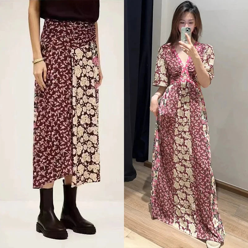 Waist Hollow out Women's Long Dress Deep V Short Sleeve 2025 Summer Lady Floral Printed Robe