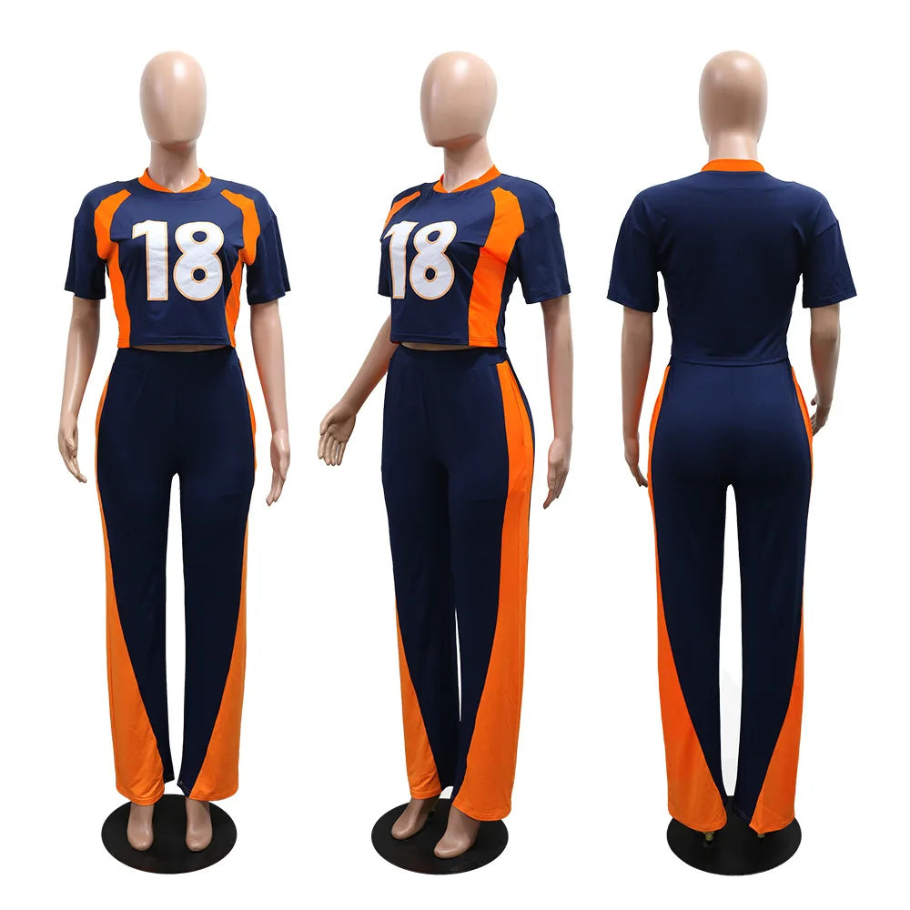 Contrast Color Jersey Tracksuit Set Women Streetwear Short Sleeve Sweatshirt Top and Pants Suit 2025 Chic 2 Piece Sets Outfits