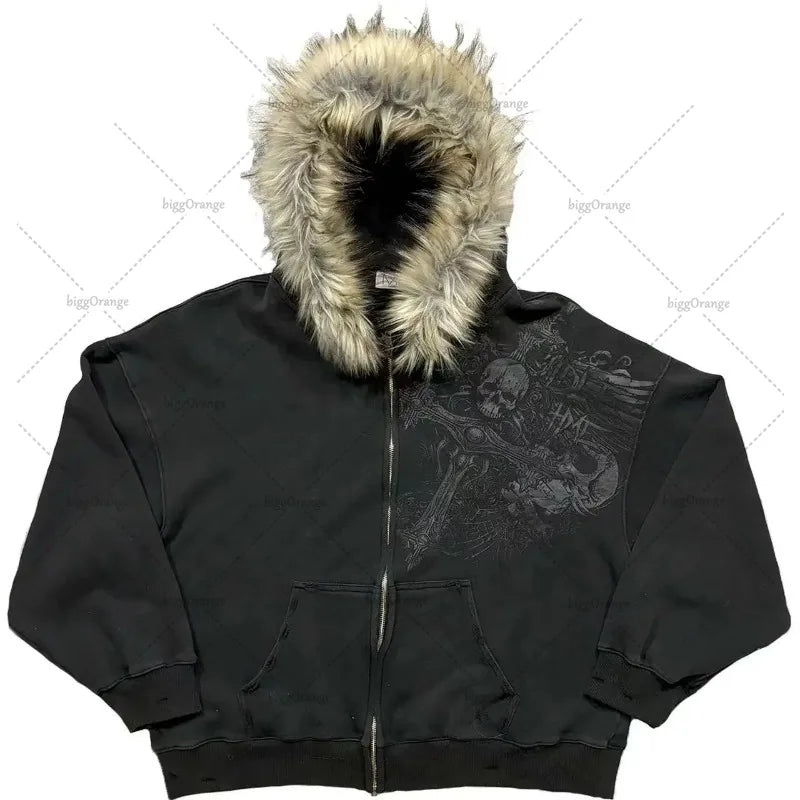 Gothic Harajuku Retro Skull Zipper Hoodie Men Streetwear Y2K Fur Collar Jacket Trendy Hip Hop Casual Oversized Sweatshirt Women