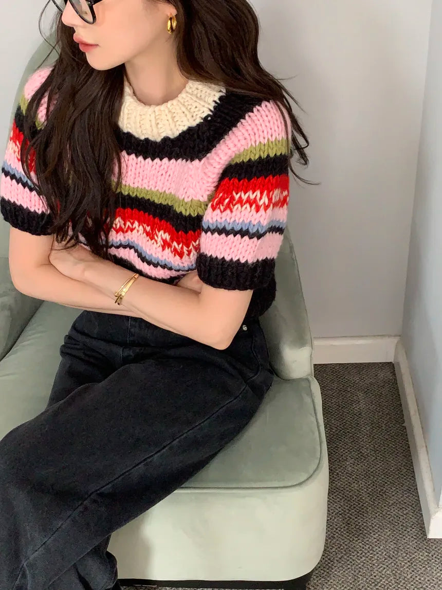 Chic Vintage Heavyweight Knitted Loose ort Sve Striped Sweater for Women Summer Collection oulder Sve