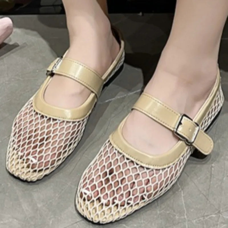 Fishnet Ballet Flats Women Fashion Brand Design Hollow Loafers Mary Jane Shoes Breathable Women Summer Sandals Sandalias Mujer