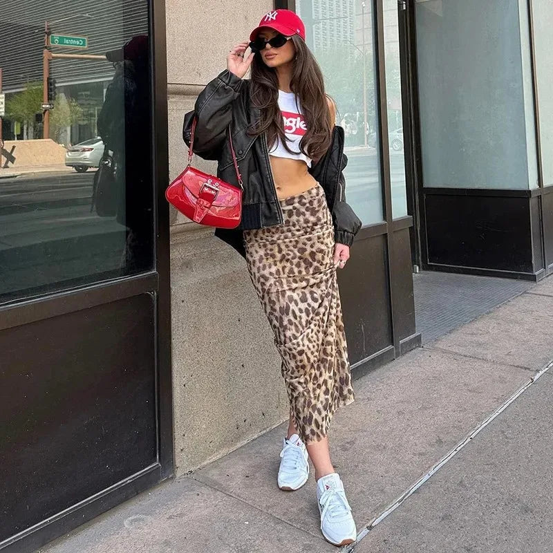 Women's tulle leopard print top shoulder straight neck and leopard print straight skirt summer casual girls two-piece set