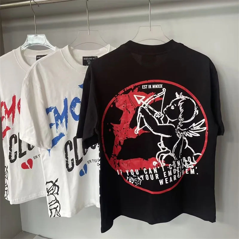 Oversized MIXED EMOTION White T-Shirts Men Women Pure Cotton Casual Red Hot Drill Letters Tshirts