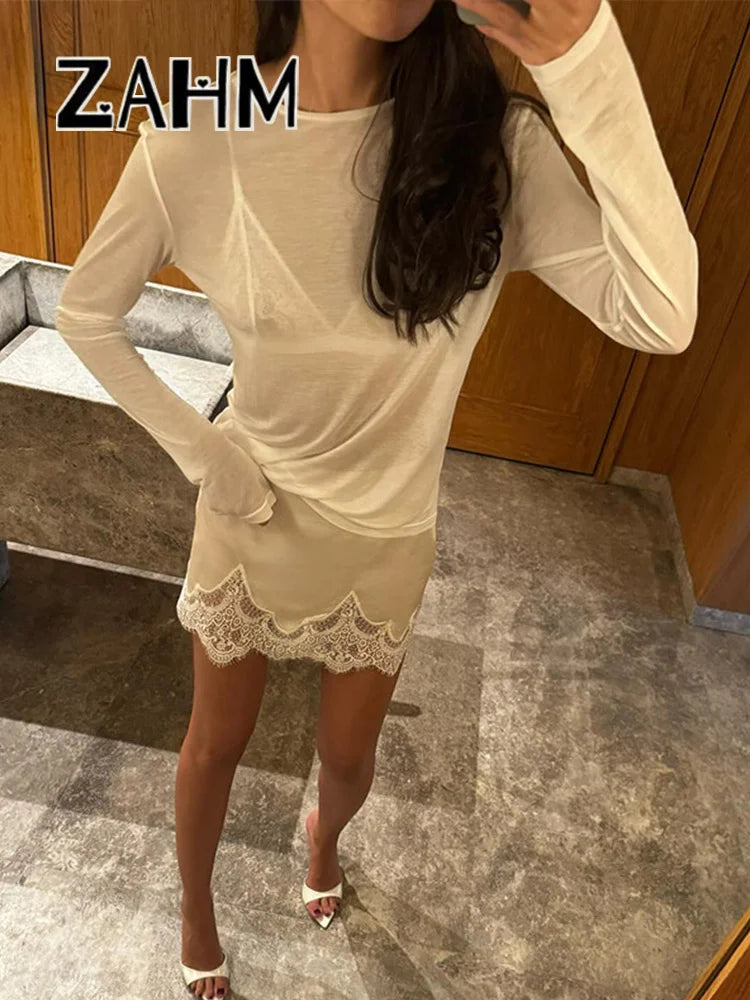 Elegant Patchwork Solid Lace Women Skirt Straight Irregular Female Skirts 2025 Summer All Match Street Lady Mini Bottoms New