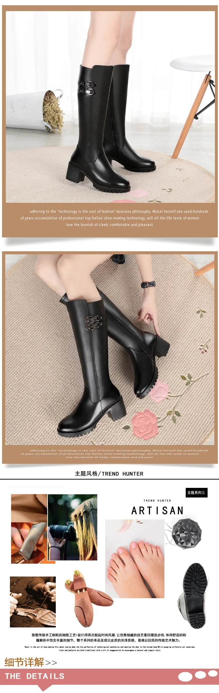 Big Size 35-43 Winter Boots Women Wool Warm Thick Heel Knee High Boots Genuine Leather Round Toe High Heel Women Boots