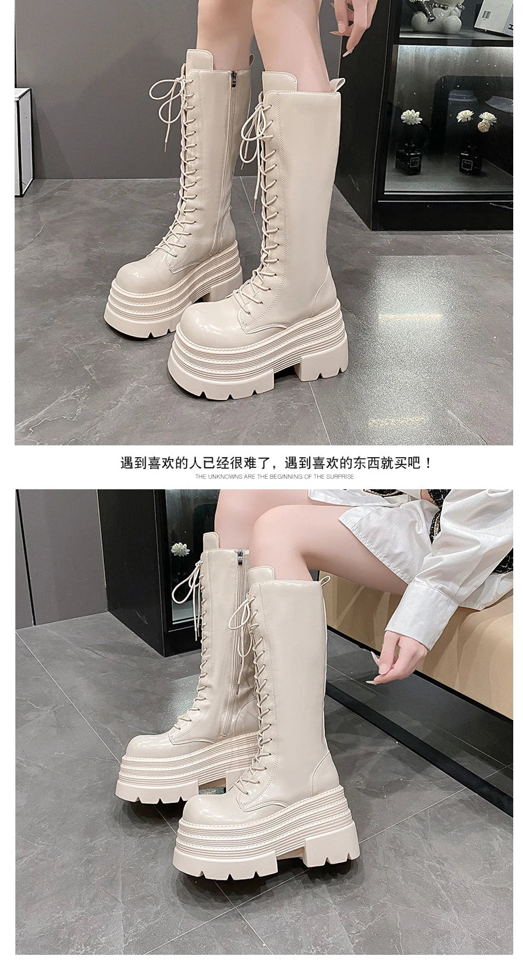 New Women's Roman Long Boots Autumn Winter Knee-high Leather Punk Shoes Chunky Platform Casual Knight Boots Botas Mujer 10CM