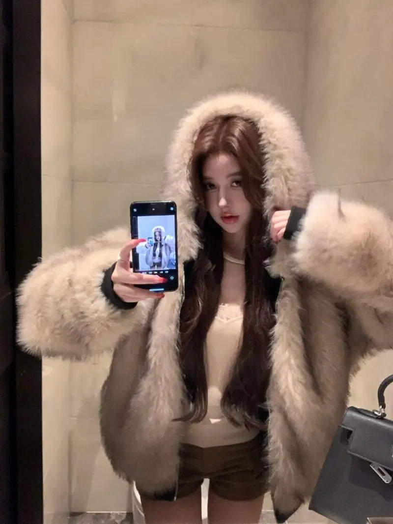 Double-Sided Warm Fur Coat Women Autumn Winter Loose Thicken Plush Cotton Coat 2025 New Women Hooded Imitation Mink Fur Outwear