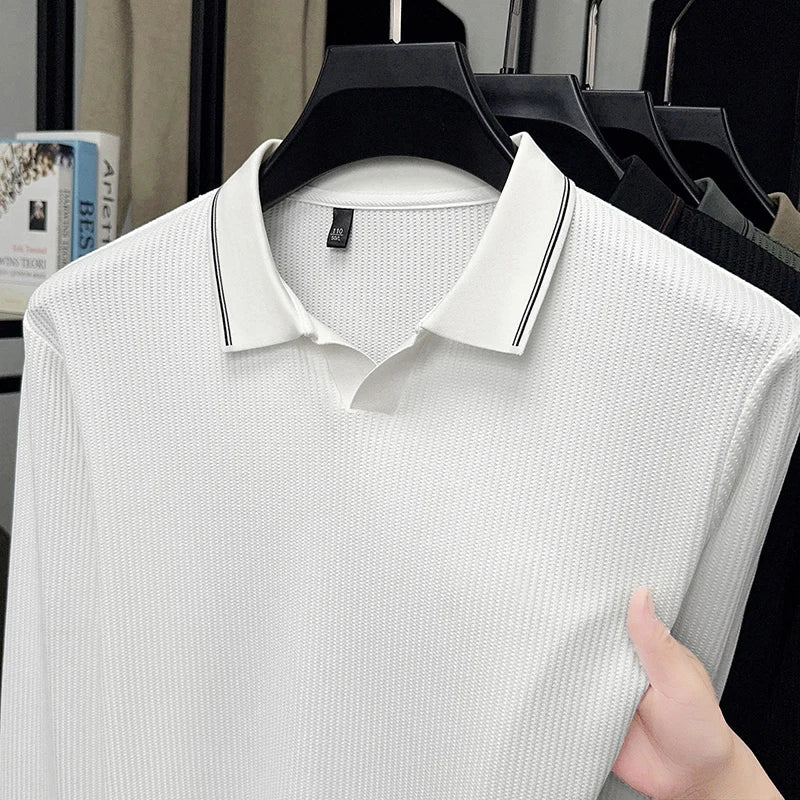 Spring and Autumn men's long sleeved T-shirt, polo shirt, casual trend, casual solid color, V-neck elastic, no heat T-shirt