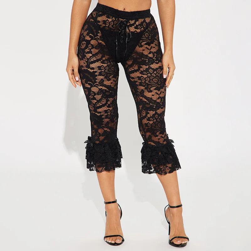 CM.YAYA Women Fashion Sexy Party Clubwear Lace Floral See Though Cascading Ruffles Hem Flare Lace Up Pants Capris 2025 Trousers