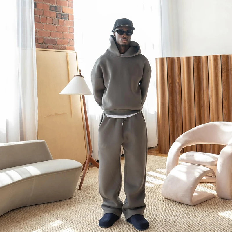Casual Solid Hooded Pullover Straight Pants 2 Piece Set Tracksuit For Male Fashion Loose Hoodies Sweatshirt Wide Leg Sweatpants