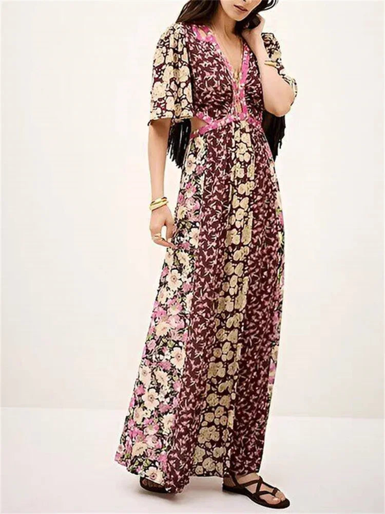 Waist Hollow out Women's Long Dress Deep V Short Sleeve 2025 Summer Lady Floral Printed Robe