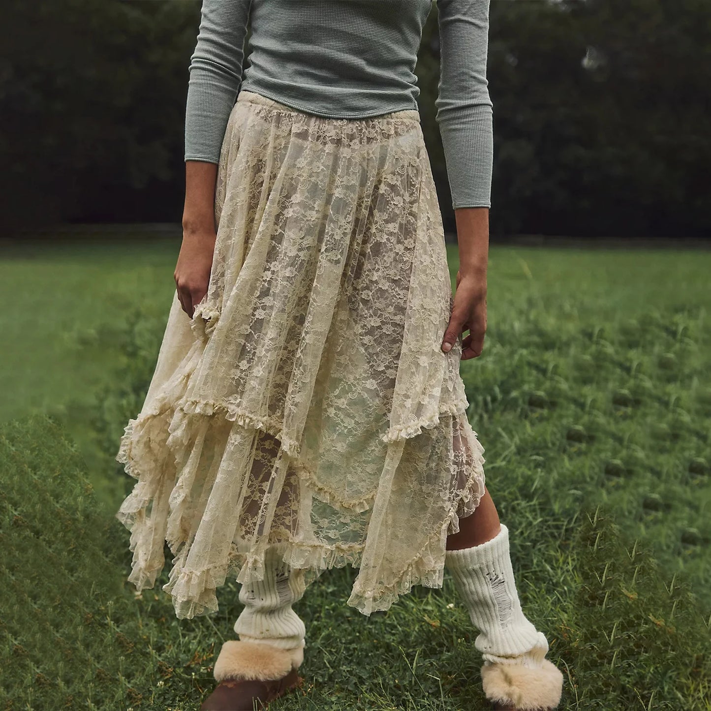 Vintage Lace Flower Women Midi Skirts Elastic High Waist Skirts Spring Summer Chic Irregular Hem Casual Female Skirts