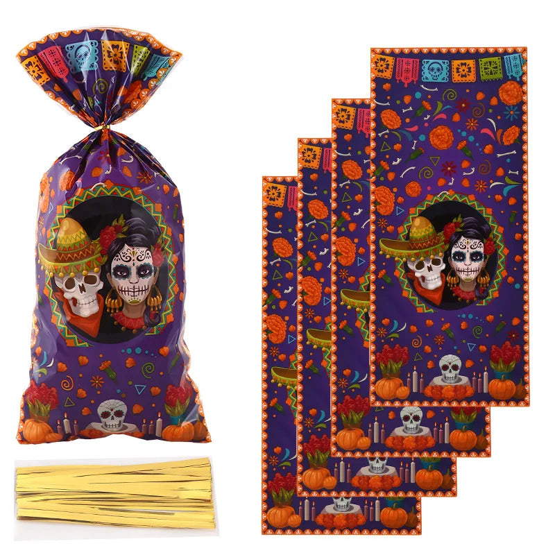 50Pcs Mexican Day of The Dead Theme Candy Cookie Bags Skull Opp Gift Packing Bags for Birthday Halloween Party Decoration